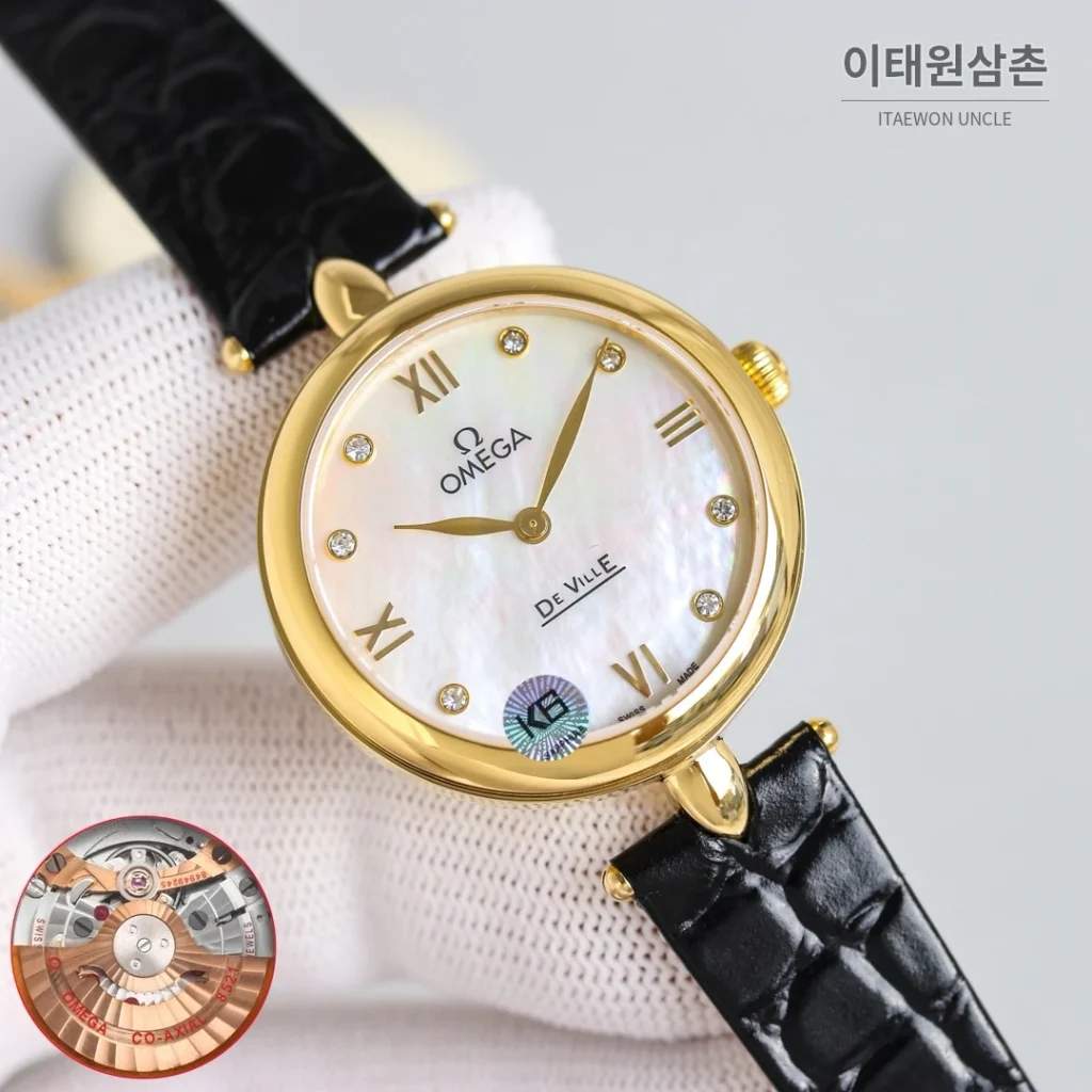 오메가 드빌 프레스티지 듀드롭 로즈골드 마더오브펄 다이아몬드 시계 32mm