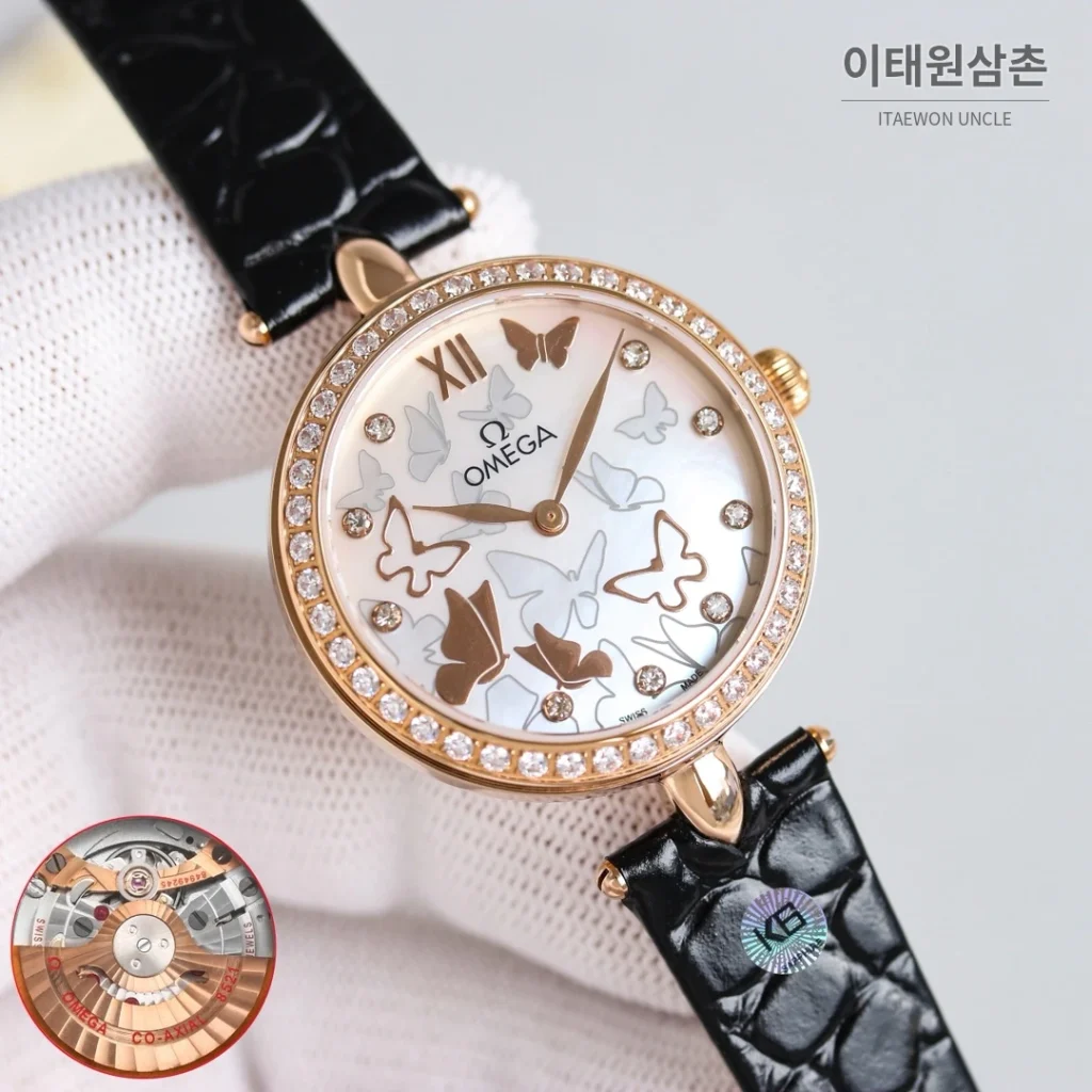 오메가 드빌 프레스티지 듀드롭 로즈골드 마더오브펄 다이아몬드 시계 32mm 자개 다이얼