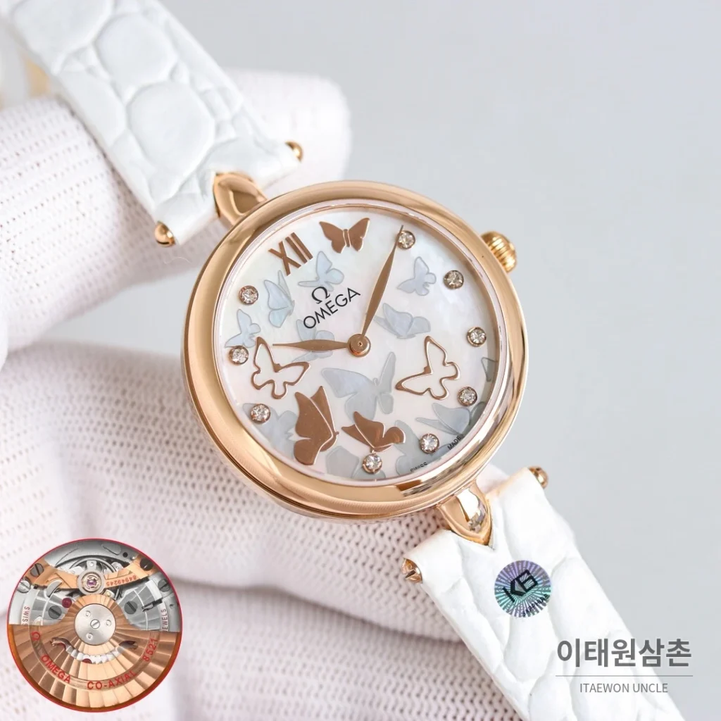 오메가 드빌 프레스티지 듀드롭 로즈골드 마더오브펄 다이아몬드 시계 32mm