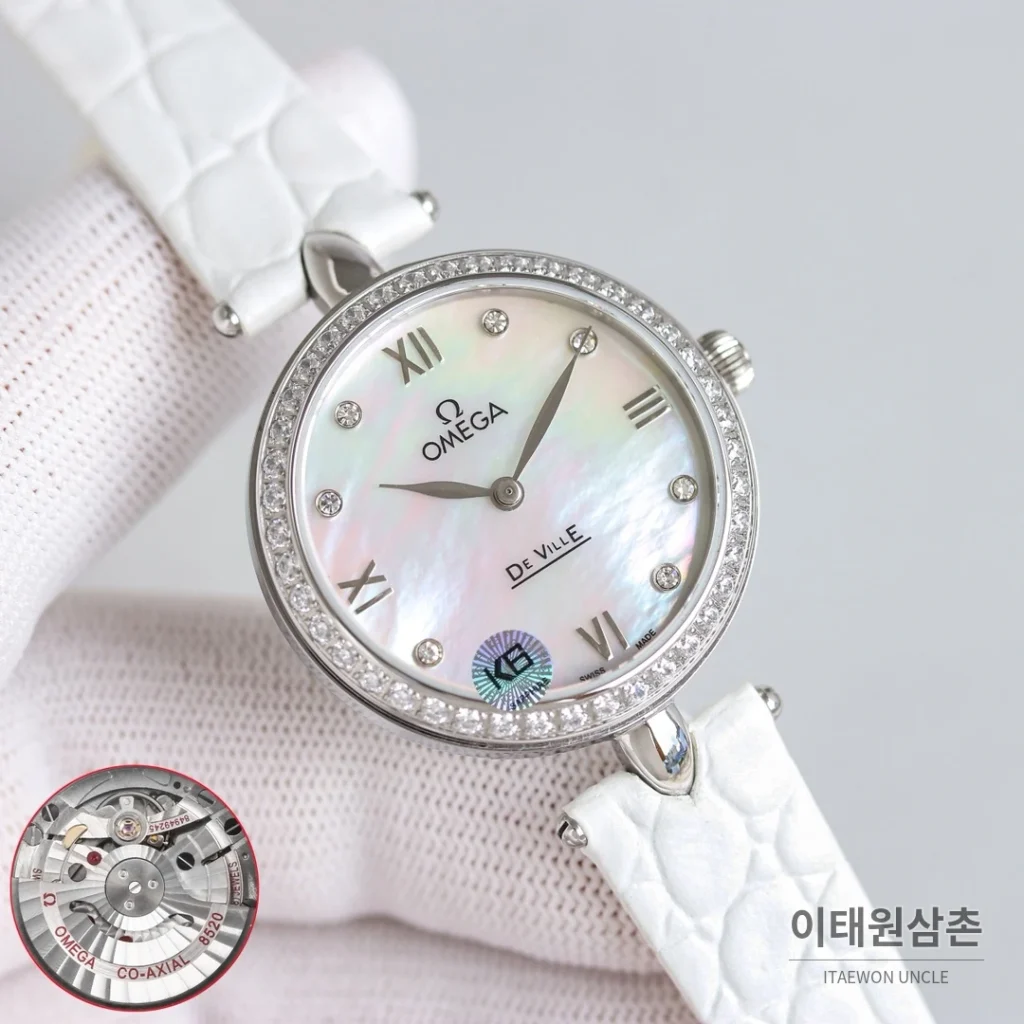 오메가 드빌 프레스티지 듀드롭 로즈골드 마더오브펄 다이아몬드 시계 32mm (2)
