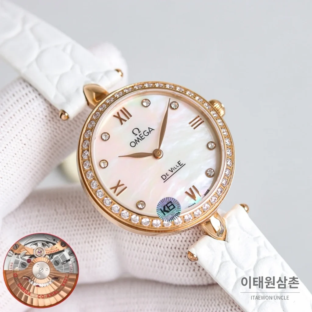 오메가 드빌 프레스티지 듀드롭 로즈골드 마더오브펄 다이아몬드 시계 32mm 자개 다이얼