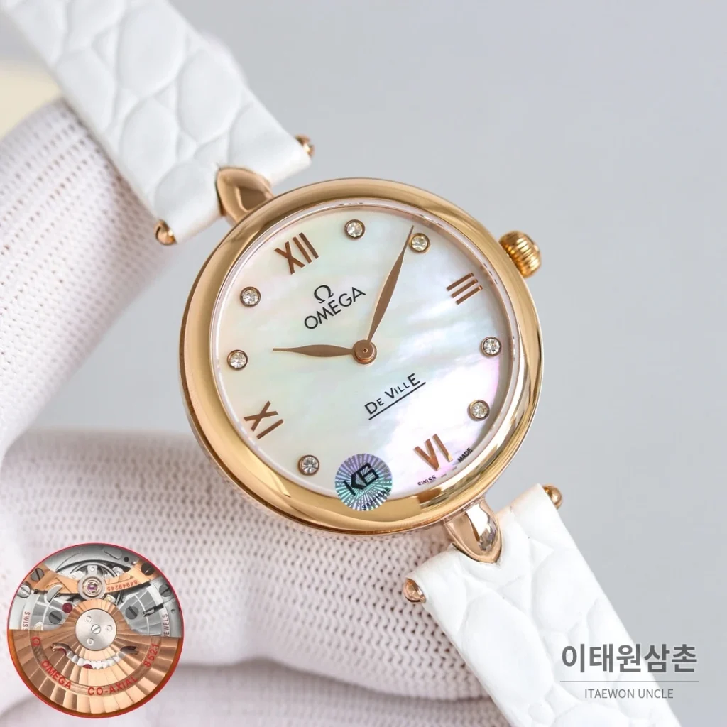 오메가 드빌 프레스티지 듀드롭 로즈골드 마더오브펄 다이아몬드 시계 32mm