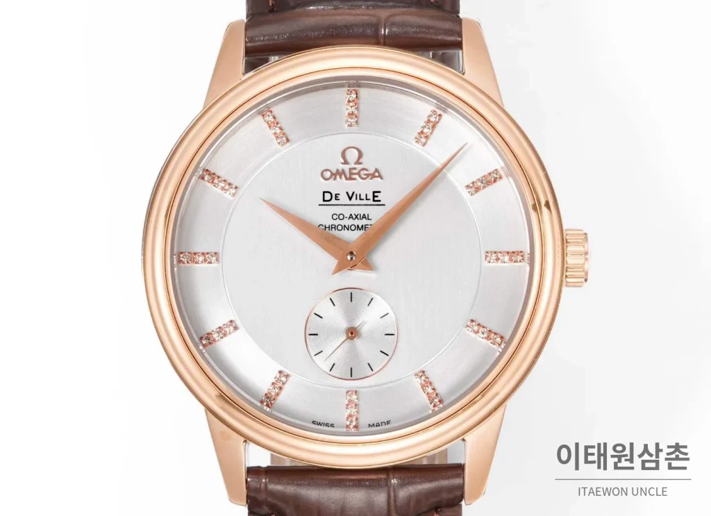 오메가 드빌 스틸 실버다이얼 오토매틱 가죽스트랩 드레스워치 39mm 로즈골드 베젤