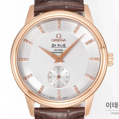 오메가 드빌 스틸 실버다이얼 오토매틱 가죽스트랩 드레스워치 39mm 로즈골드 베젤