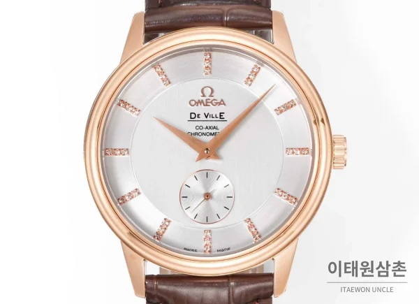 오메가 드빌 스틸 실버다이얼 오토매틱 가죽스트랩 드레스워치 39mm 로즈골드 베젤