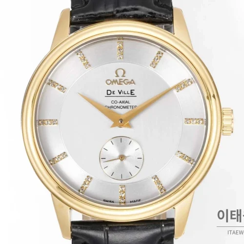 오메가 드빌 스틸 실버다이얼 오토매틱 가죽스트랩 드레스워치 39mm 골드 베젤