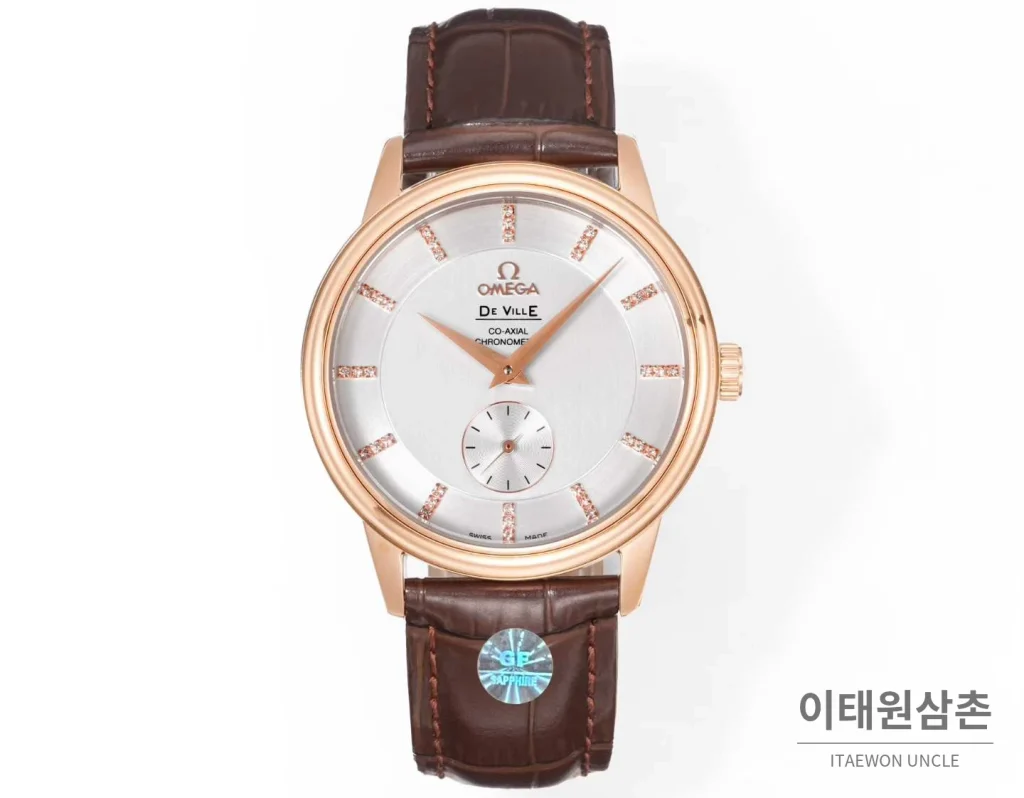 오메가 드빌 스틸 실버다이얼 오토매틱 가죽스트랩 드레스워치 39mm 로즈골드 베젤