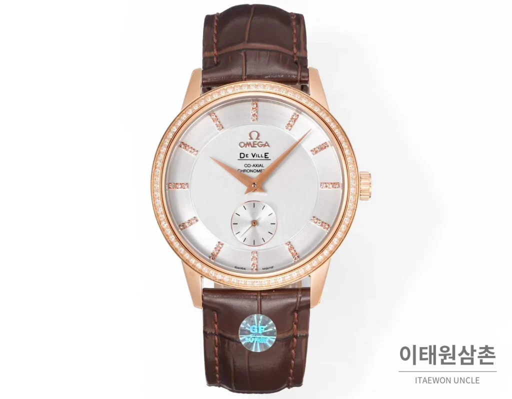 오메가 드빌 스틸 실버다이얼 오토매틱 가죽스트랩 드레스워치 39mm 로즈골드 베젤