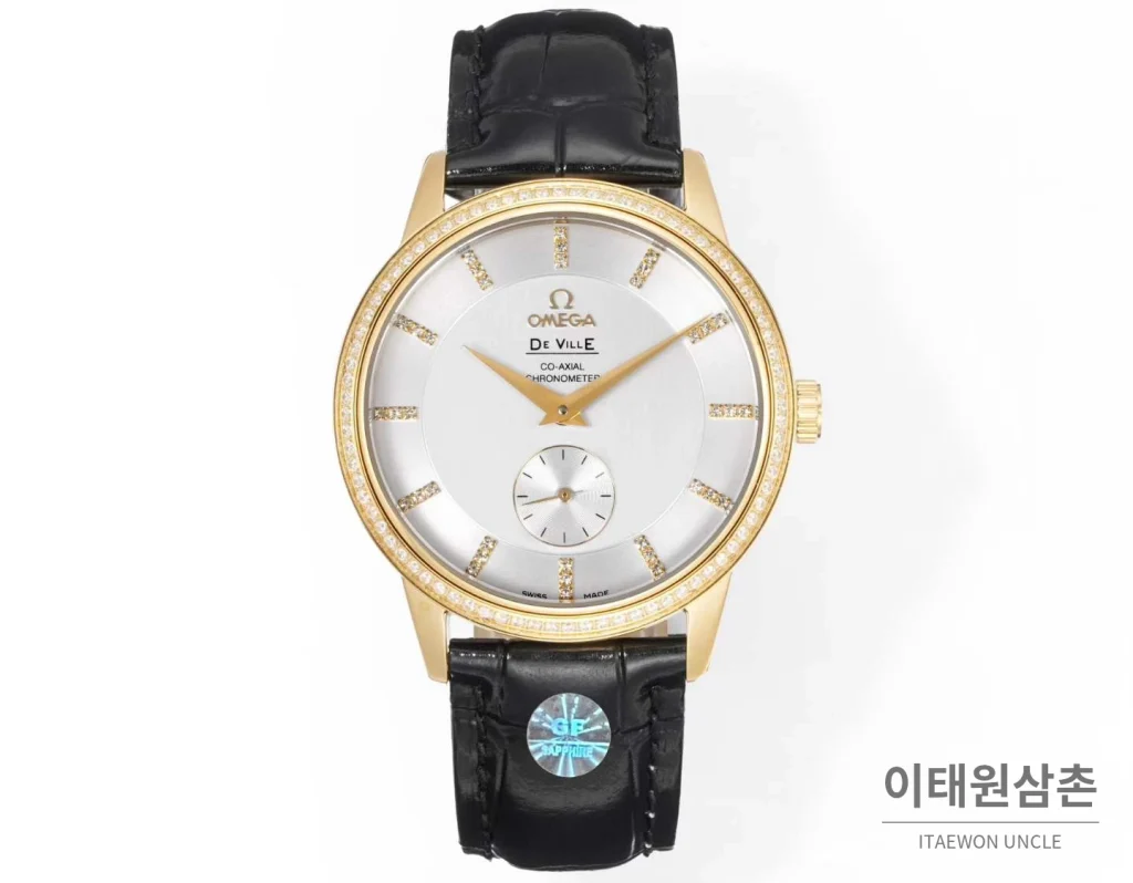 오메가 드빌 스틸 실버다이얼 오토매틱 가죽스트랩 드레스워치 39mm 골드 베젤
