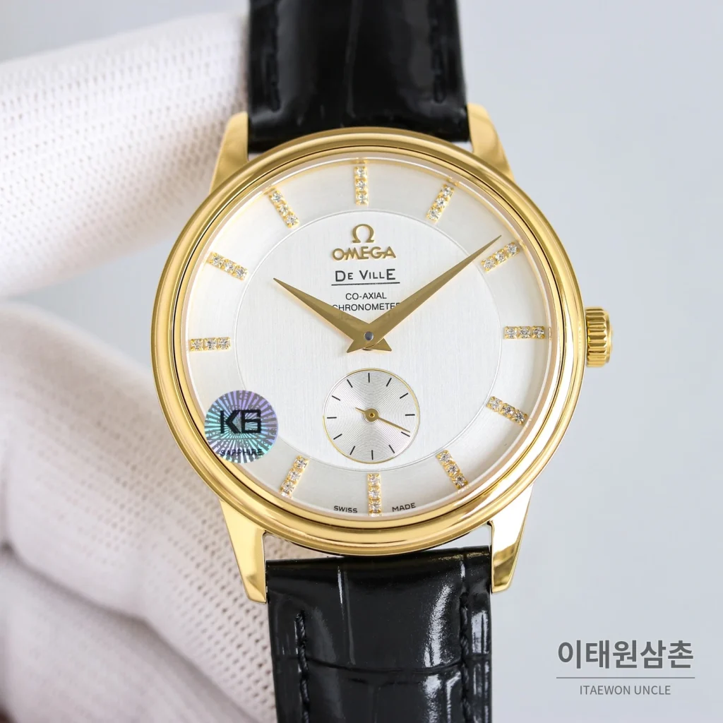 오메가 드빌 오토매틱 39mm 화이트 다이얼 블랙 가죽 스트랩 골드 베젤