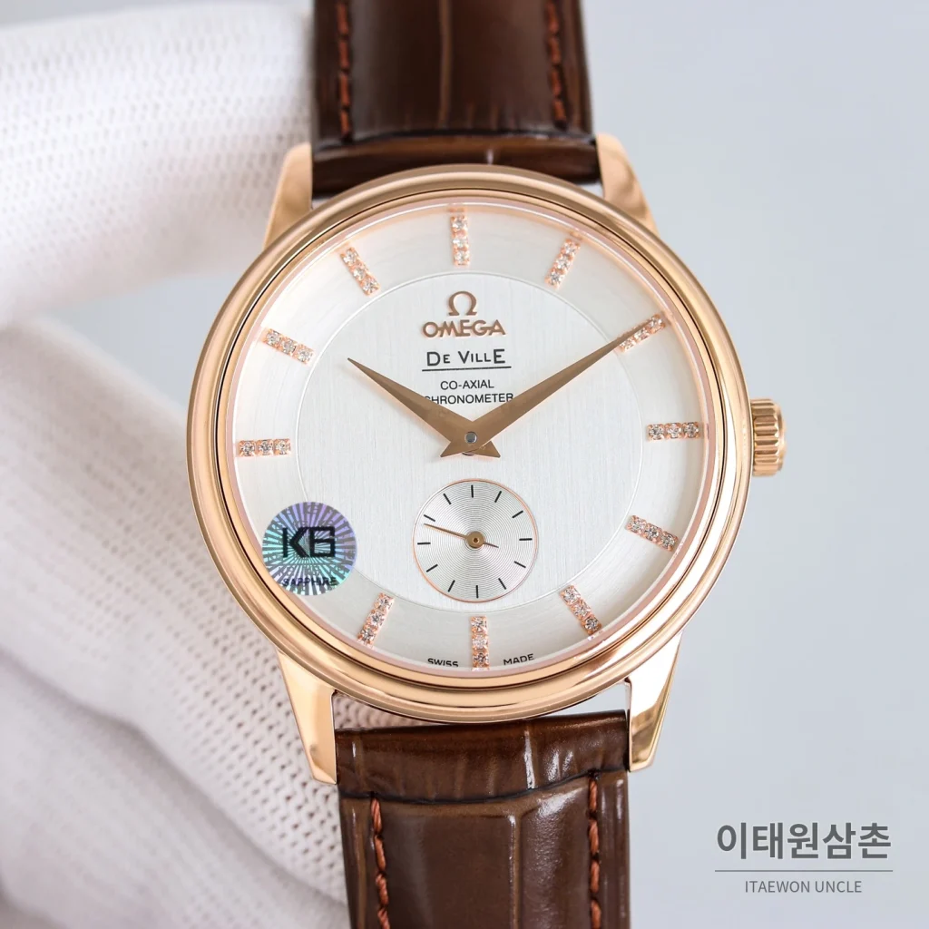 오메가 드빌 오토매틱 39mm 화이트 다이얼 브라운 가죽 스트랩 로즈골드 베젤