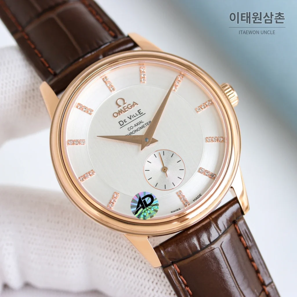오메가 드빌 오토매틱 39mm 화이트 다이얼 브라운 가죽 스트랩 로즈골드 베젤 (2)