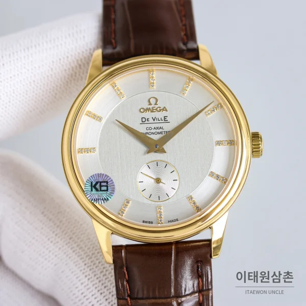 오메가 드빌 오토매틱 39mm 실버 다이얼 브라운 가죽 스트랩 골드 케이스