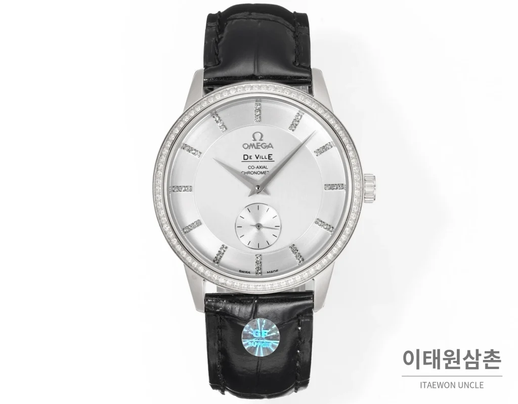 오메가 드빌 오토매틱 39mm 실버 다이얼 블랙 가죽 스트랩 실버 베젤