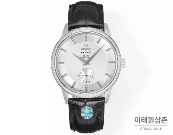 오메가 드빌 오토매틱 39mm 실버 다이얼 블랙 가죽 스트랩 실버 베젤