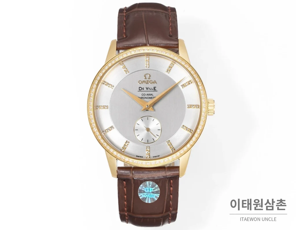 오메가 드빌 오토매틱 39mm 실버 다이얼 브라운 가죽 스트랩 골드 베젤