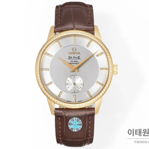 오메가 드빌 오토매틱 39mm 실버 다이얼 브라운 가죽 스트랩 골드 베젤