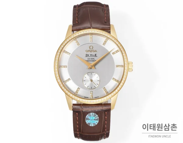 오메가 드빌 오토매틱 39mm 실버 다이얼 브라운 가죽 스트랩 골드 베젤 오메가 드빌 오토매틱 39mm 실버 다이얼 브라운 가죽 스트랩 골드 베젤