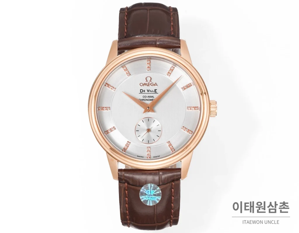 오메가 드빌 오토매틱 39mm 실버 다이얼 브라운 가죽 스트랩 로즈골드 베젤