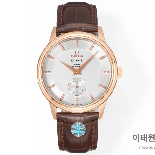 오메가 드빌 오토매틱 39mm 실버 다이얼 브라운 가죽 스트랩 로즈골드 베젤