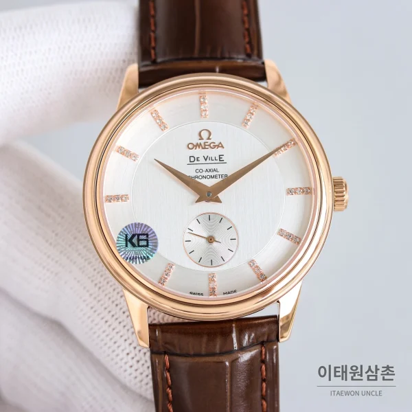 오메가 드빌 오토매틱 39mm 화이트 다이얼 브라운 가죽 스트랩 로즈골드 베젤