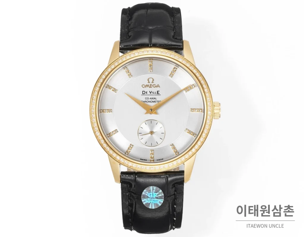 오메가 드빌 오토매틱 39mm 실버 다이얼 블랙 가죽 스트랩 골드 베젤
