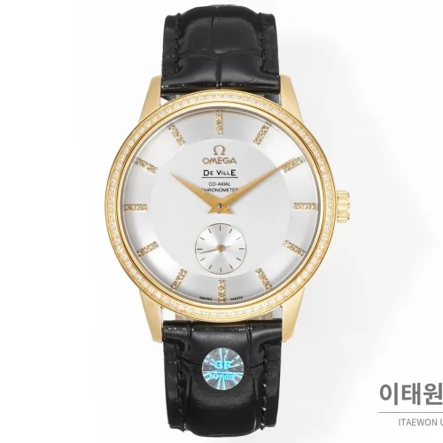 오메가 드빌 오토매틱 39mm 실버 다이얼 블랙 가죽 스트랩 골드 베젤