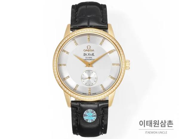 오메가 드빌 오토매틱 39mm 실버 다이얼 블랙 가죽 스트랩 골드 베젤