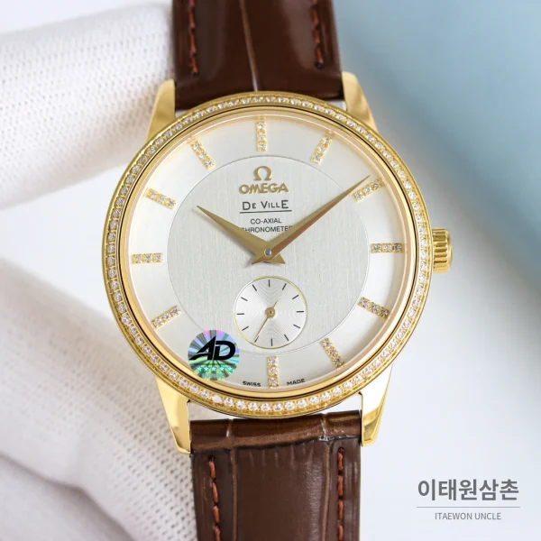 오메가 드빌 오토매틱 39mm 실버 다이얼 브라운 가죽 스트랩 골드 베젤 (2)