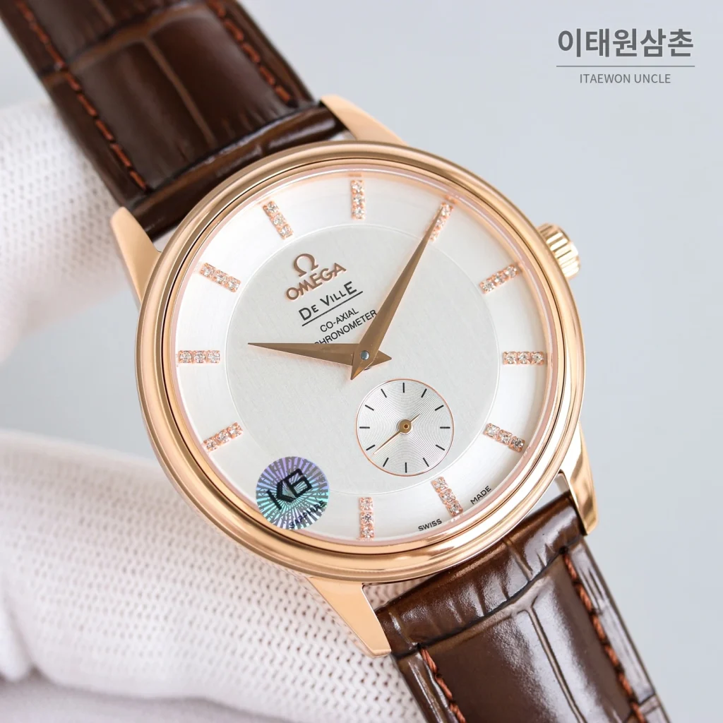 오메가 드빌 오토매틱 39mm 화이트 다이얼 브라운 가죽 스트랩 로즈골드 베젤