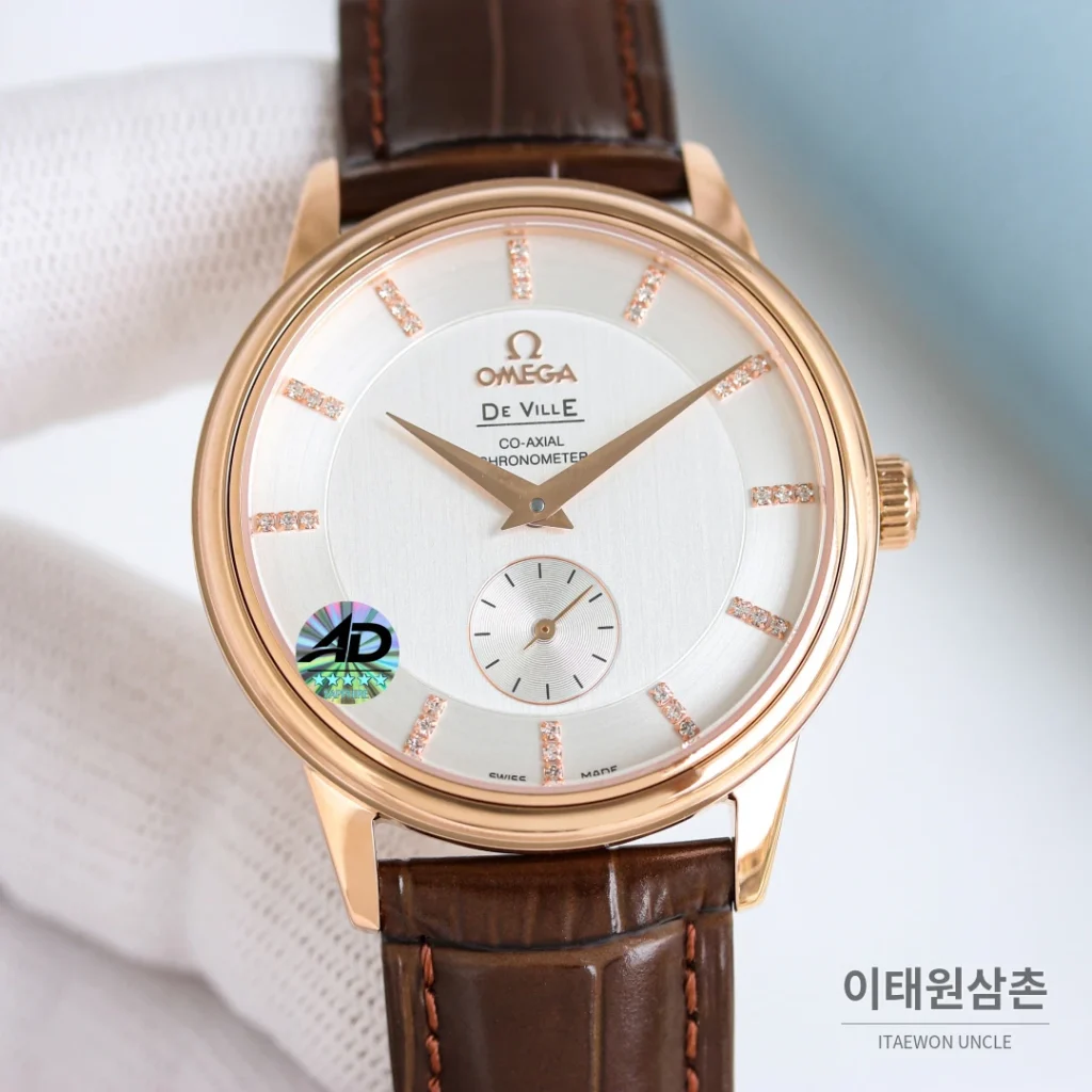 오메가 드빌 오토매틱 39mm 화이트 다이얼 브라운 가죽 스트랩 로즈골드 베젤 (2)