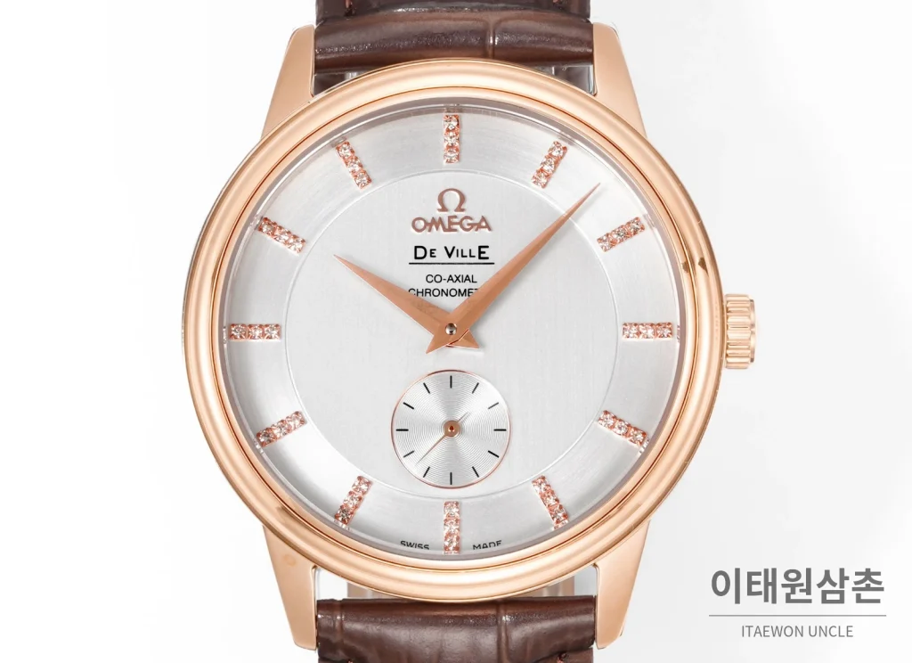오메가 드빌 오토매틱 39mm 실버 다이얼 브라운 가죽 스트랩 로즈골드 베젤
