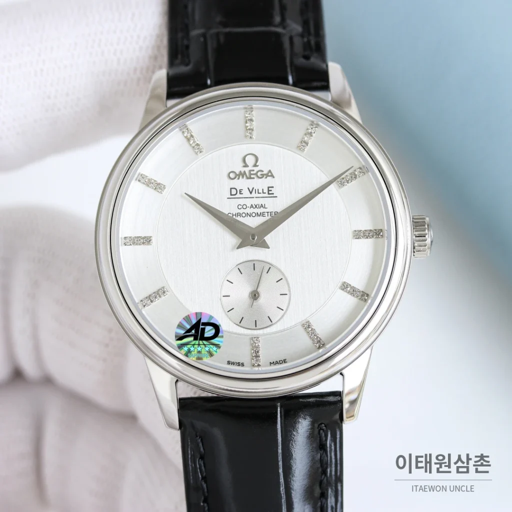 오메가 드빌 오토매틱 39mm 실버 다이얼 블랙 가죽 스트랩 (2)