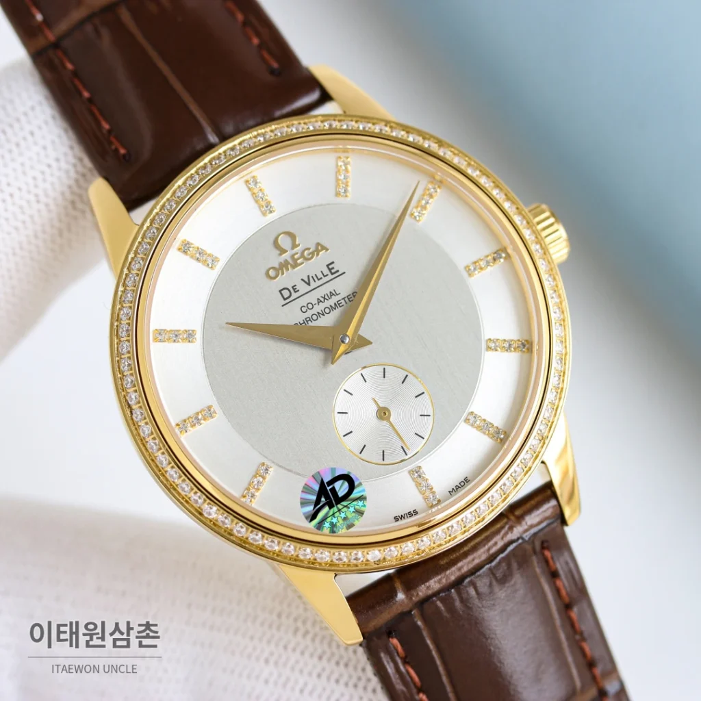 오메가 드빌 오토매틱 39mm 실버 다이얼 브라운 가죽 스트랩 골드 베젤 (2)