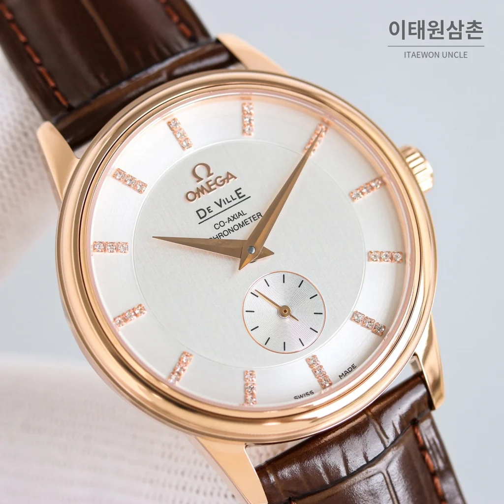 오메가 드빌 오토매틱 39mm 화이트 다이얼 브라운 가죽 스트랩 로즈골드 베젤