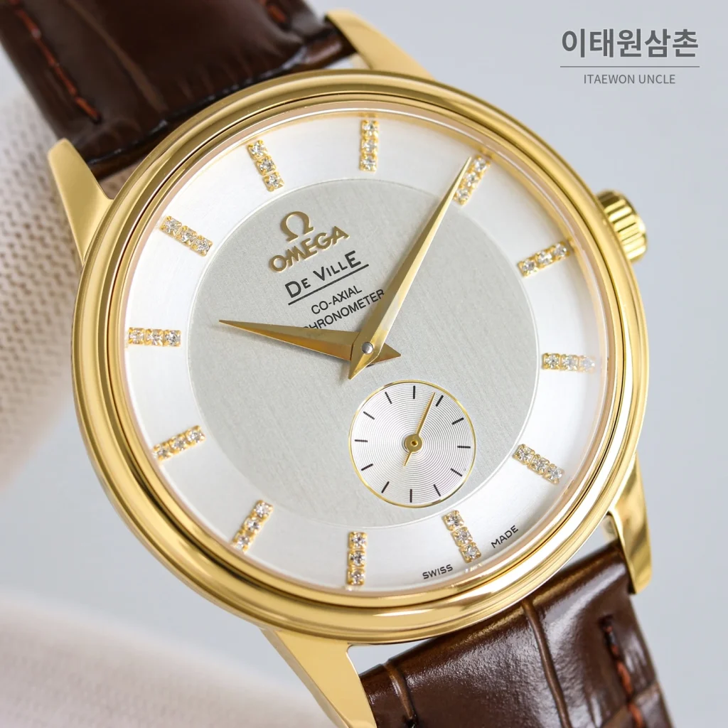 오메가 드빌 오토매틱 39mm 실버 다이얼 브라운 가죽 스트랩 골드 케이스