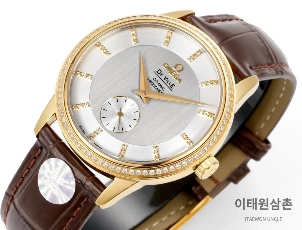 오메가 드빌 오토매틱 39mm 실버 다이얼 브라운 가죽 스트랩 골드 베젤