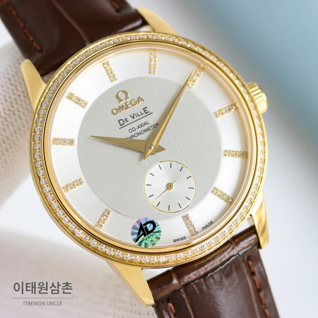 오메가 드빌 오토매틱 39mm 실버 다이얼 브라운 가죽 스트랩 골드 베젤 (2)