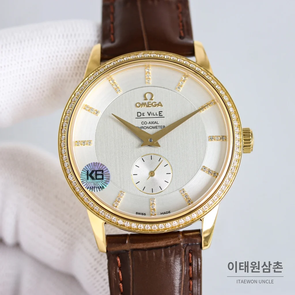 오메가 드빌 오토매틱 39mm 실버 다이얼 브라운 가죽 스트랩 골드 케이스