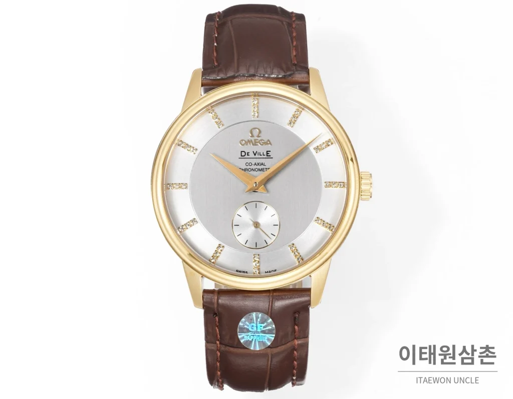 오메가 드빌 오토매틱 39mm 실버 다이얼 브라운 가죽 스트랩 골드 베젤