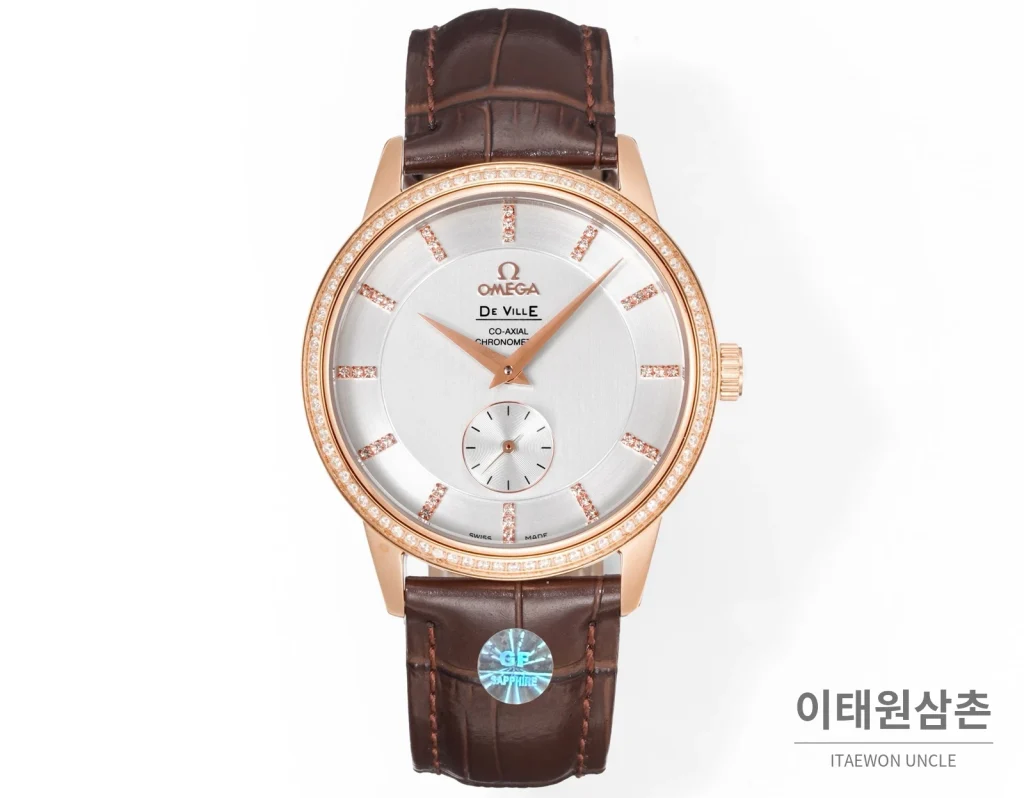 오메가 드빌 오토매틱 39mm 실버 다이얼 브라운 가죽 스트랩 로즈골드 베젤