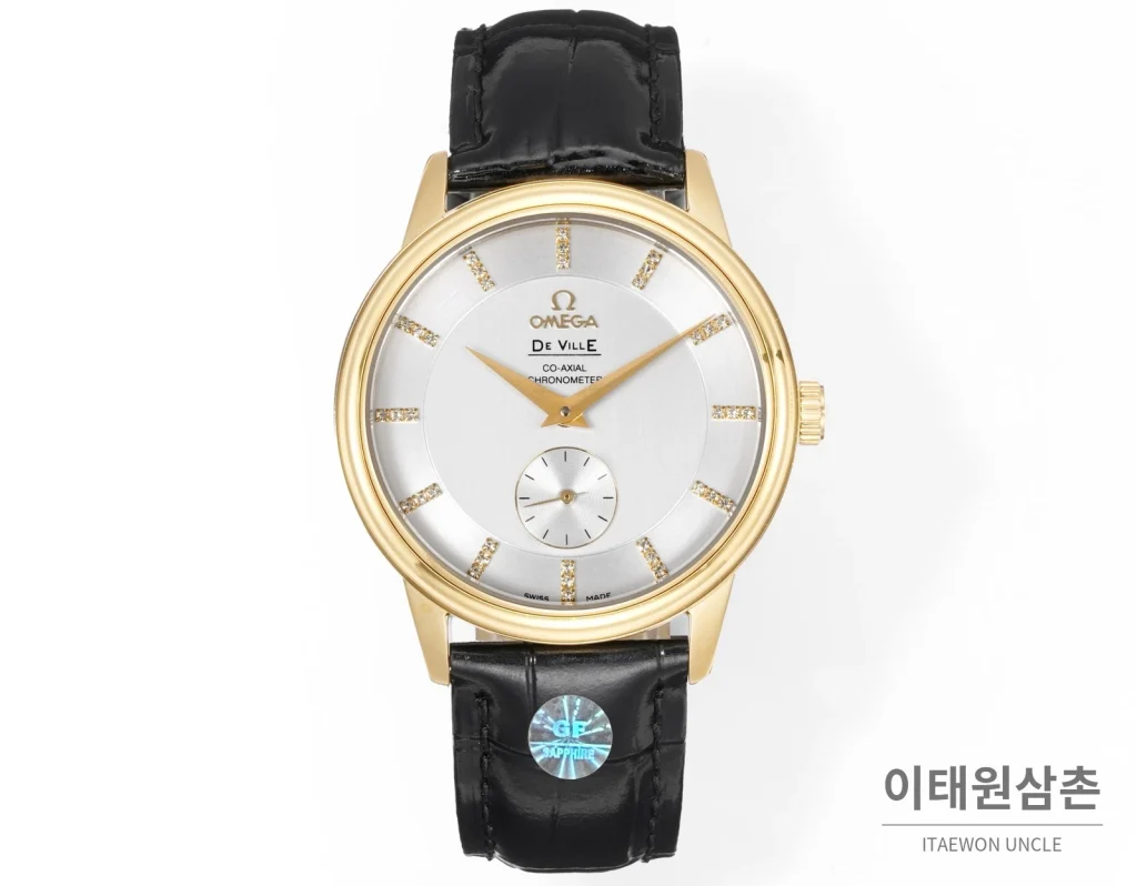 오메가 드빌 오토매틱 39mm 실버 다이얼 블랙 가죽 스트랩 골드 베젤