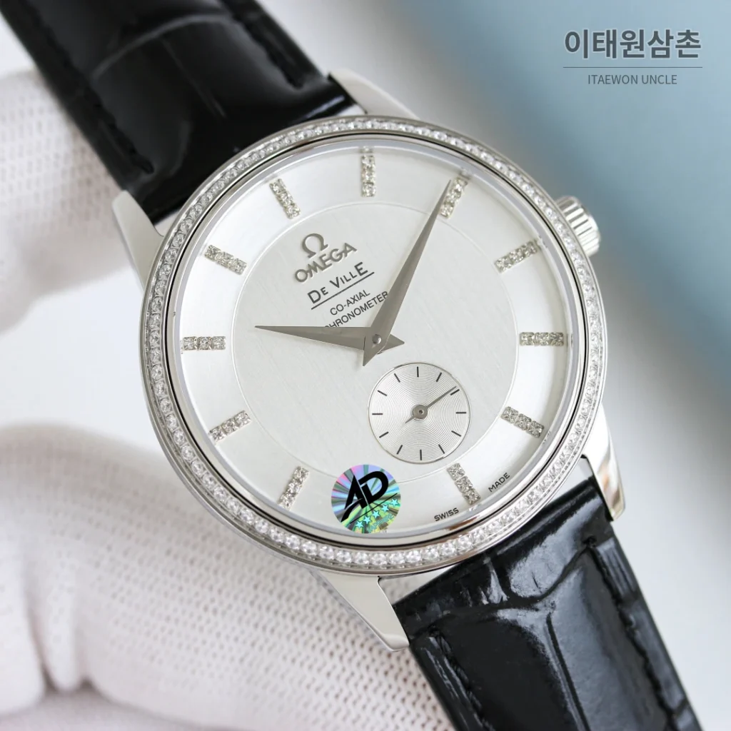 오메가 드빌 오토매틱 39mm 실버 다이얼 블랙 가죽 스트랩 (2)