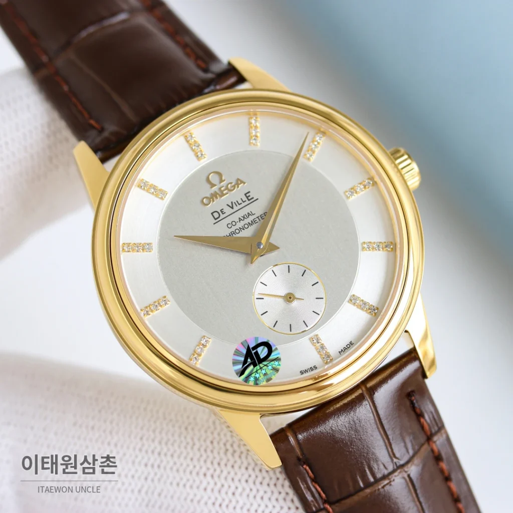 오메가 드빌 오토매틱 39mm 실버 다이얼 브라운 가죽 스트랩 골드 베젤 (2)
