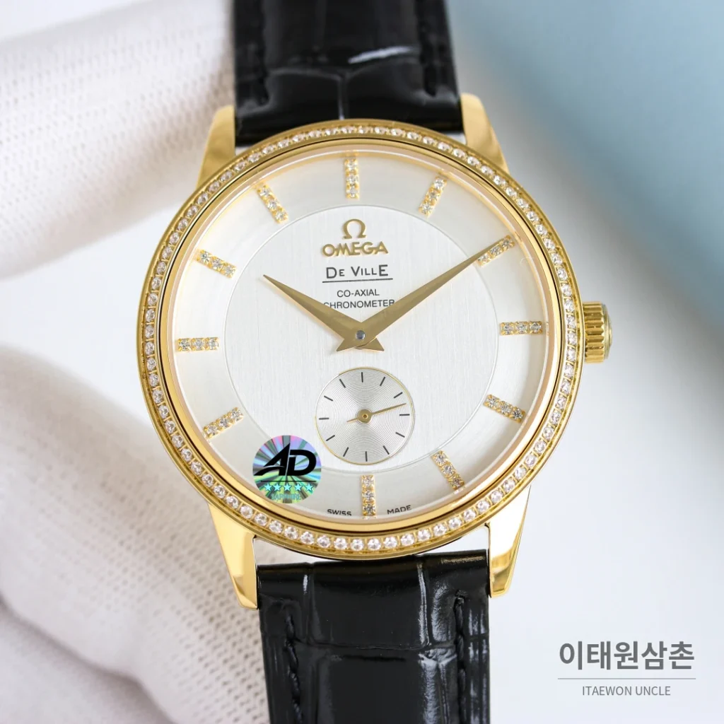 오메가 드빌 오토매틱 39mm 샴페인 다이얼 블랙 가죽 스트랩 골드 케이스