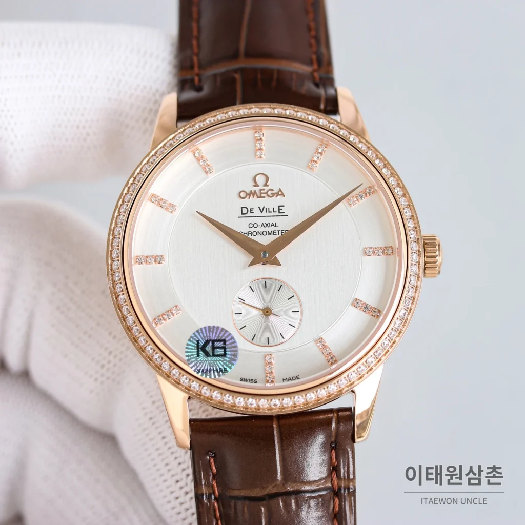 오메가 드빌 오토매틱 39mm 화이트 다이얼 브라운 가죽 스트랩 로즈골드 베젤
