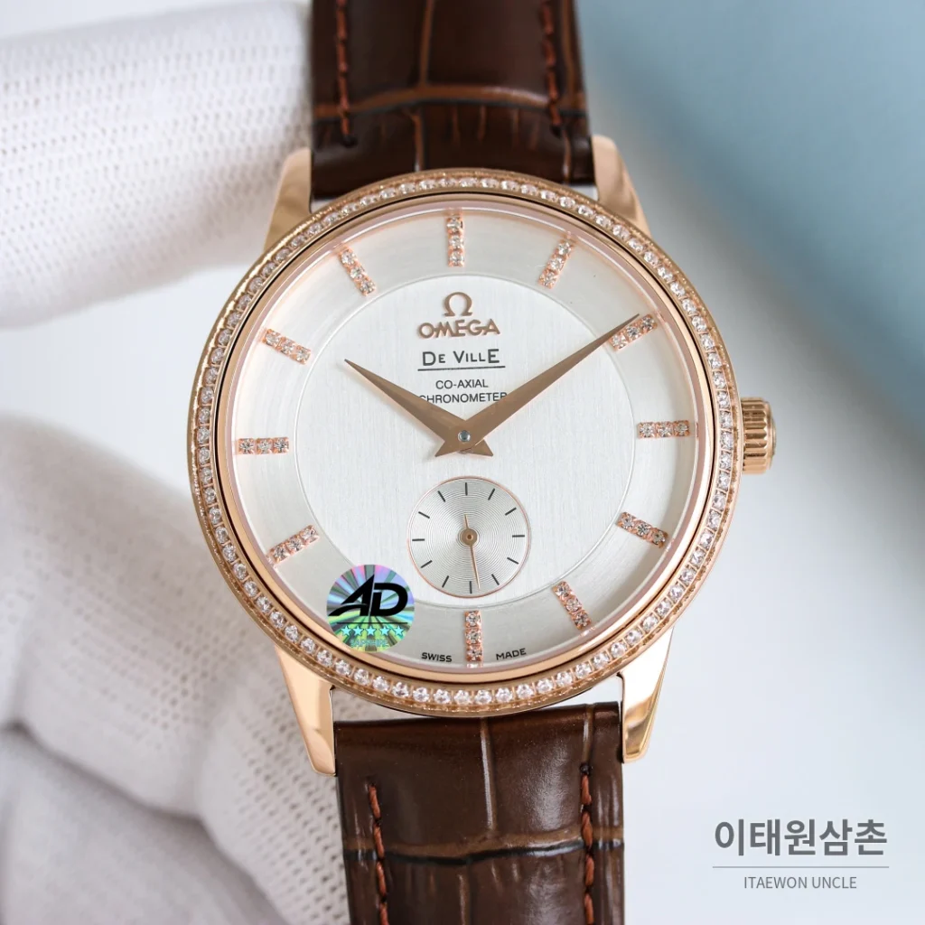 오메가 드빌 오토매틱 39mm 화이트 다이얼 브라운 가죽 스트랩 로즈골드 베젤 (2)