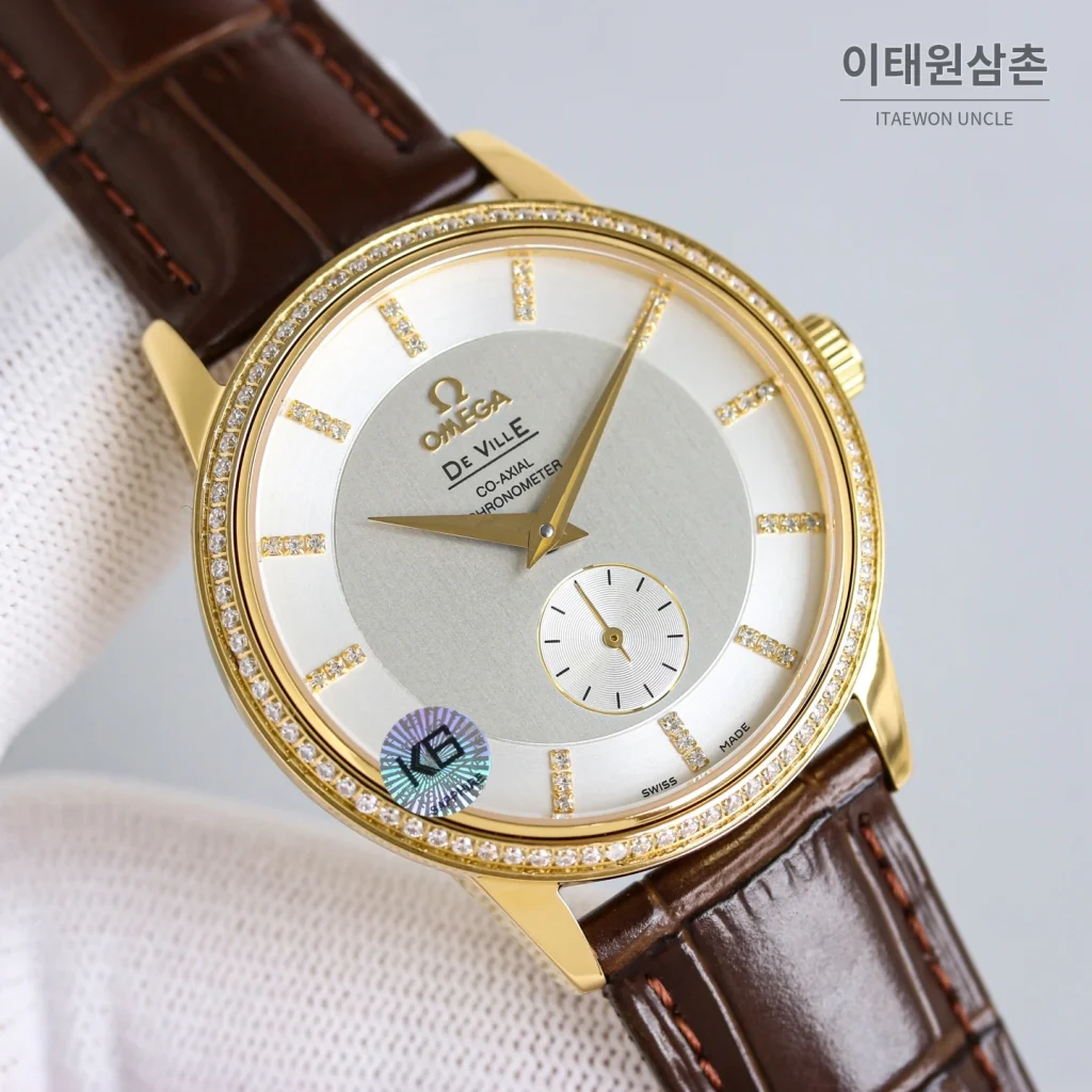 오메가 드빌 오토매틱 39mm 실버 다이얼 브라운 가죽 스트랩 골드 케이스