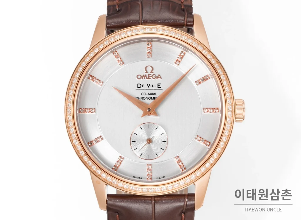 오메가 드빌 오토매틱 39mm 실버 다이얼 브라운 가죽 스트랩 로즈골드 베젤
