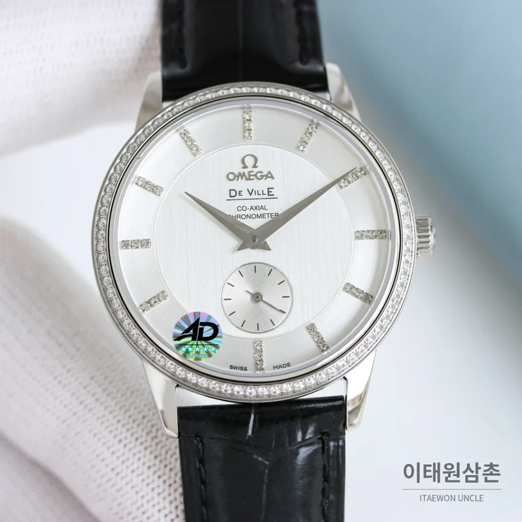 오메가 드빌 오토매틱 39mm 실버 다이얼 블랙 가죽 스트랩 (2)